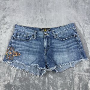 Lucky Brand Riley Shorts Womens Sz 6/28 Blue Denim Aztec Embroidered Raw Hem